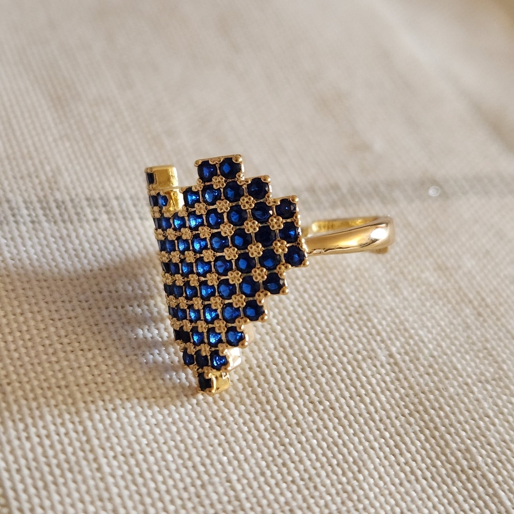 New 18K Gold Plated Blue Sapphire Pixel Heart Adjustable Ring for Women - Picture 3 of 11